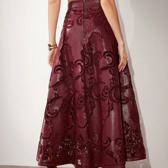 Burgundy Elegant Women's Faux Leather Embroidered High Waist A-Line maxi Skirt - Picture 3 of 7